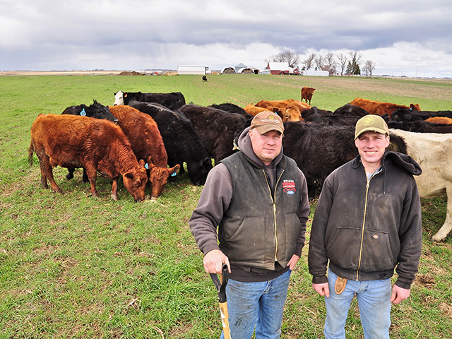 Dennis Degner and his son Wes say grazing cattle on cover crops gives them a payback from cover crops sooner rather than later, Image by Lynn Betts